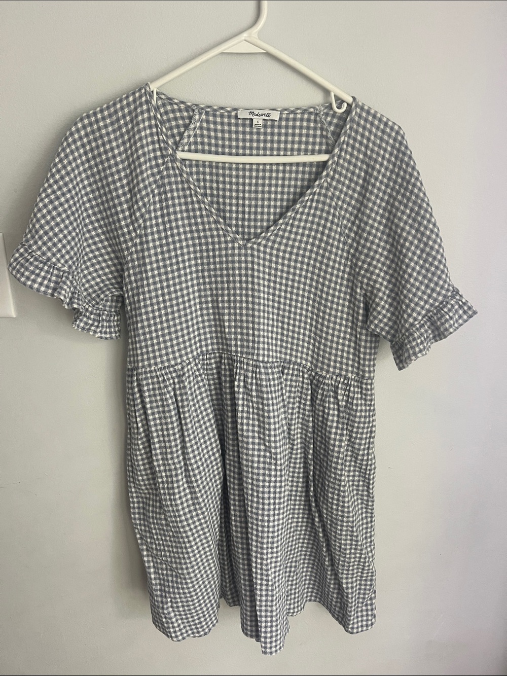 Madewell Blue and White Gingham V-Neck Babydoll Dress, Small